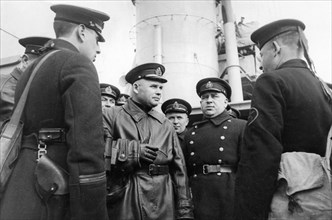 Commander of the black sea fleet, rear-admiral oktyabrsky (center) on board the cruiser krasny krim, april 1942.