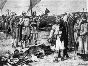 Russian emmissaries, at novgorod, invite rurik the varangian (viking) to come and rule over russia, drawing by v,m, vasnetsov, 19th century.