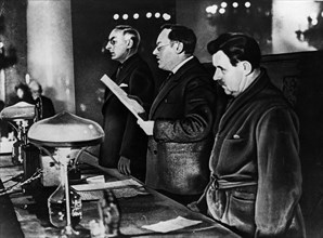 State prosecutor, andrei vyshinsky reading the charges at a purge trial in the late 1930's.