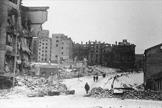 Central warsaw, poland in ruins at the end of world war ll in february, 1945.