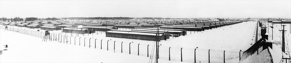 A panoramic view of the birkenau concetration camp at auschwitz, poland, 1945.