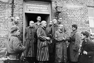 Soviet red army soldiers of the first ukrainian front with liberated prisoners of the auschwitz concentration camp in oswiecim, poland, 1945.
