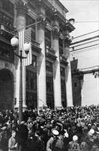 Crowds outside the american embassy during victory day celebrations in moscow, ussr, may, 1945, end of world war 2 in europe.