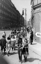 A street scene in prague, czechoslovakia after the war, june 1945.