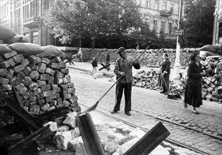 Defence barricades in the street of odessa, 1941.