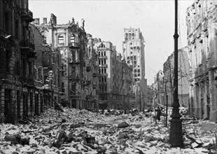 Szpitalna street in warsaw, poland in ruins at the end of world war ll in 1945.