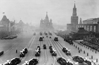 Sam 2 missiles (guideline) on parade in red square, moscow, ussr, november 7th, 1957.