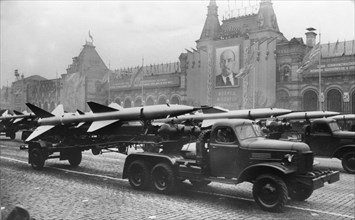Sam 2 missiles (guideline) on parade in red square, moscow, ussr, november 7th, 1957.