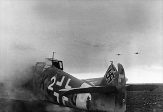 A burning messerschmitt 109-4d shot down by soviet flying ace captain tarasov during world war 2, it was tarasov's nineteenth.