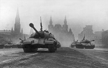 Victory day: powerful joseph stalin tanks on red square during a military parade on nov, 7, 1946.