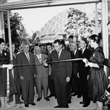 The kitchen debate, vice-president richard nixon cutting the ribbon at the opening of the american exhibition in sokolniki park in moscow, 1959.