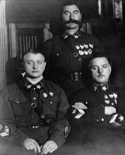 Top soviet military commanders, seated, from right: marshal k, e, voroshilov,  marshal m,n, tukhachevsky, standing: marshal s, m, budyonny, ussr, 1935.