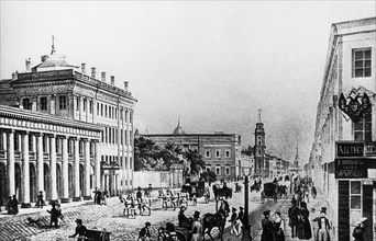 An old gravure of nevsky prospect in st, petersburg, russia, 1880s.
