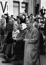 Lev landau (front row, right), soviet nobel prize-winning physicist at a celebration honoring him on his birthday, second left: nils bohr, president of danish academy of sciences, moscow, ussr.
