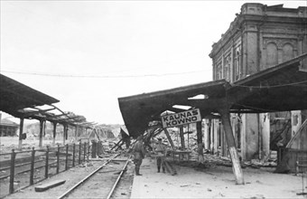 The railway station at kovno(kaunas), destroyed by the germans in their retreat, world war ll.