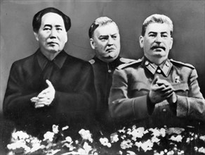 Communist leaders from two continents at the bolshoi theater in moscow at a meeting in honor of josef stalin's 70th birthday on december 21, 1949, (left to right: chairman mao zedong; armed forces min...