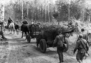 Red army artillery on the way to the offensive front lines in the vicinity of bryansk, world war ll.