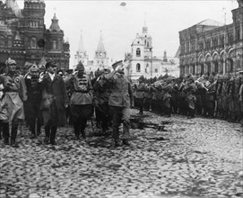 Leon trotsky, people's commissar for military and naval affairs, at a military parade in red square in honor of the third congress of the communist interantion (third international), moscow, soviet un...