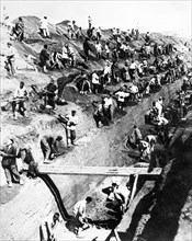 Construction work of magnitogorsk at magnitka hill, 1929.