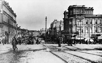 A street in kiev, ukraine at the turn of the century (late 1800s or early 1900s).