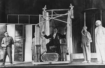 The bed bug' by vladimir mayakovsky, act 1, scene 9, 1929 production by vsevolod meyerhold at the meyerhold gosteatr (state theater),  moscow, ussr.