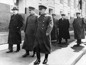 Moscow, ussr may day 1941: walking to the may day celebrations in red square, left to right: v, molotov, soviet premier josef stalin, k, voroshilov, g, malenkov, l, beria (head of secret police).