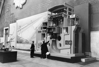 A model of the bratsk hydro-electric power plant on display at the ussr agricultural exhibition and the ussr industrial exhibition in moscow, 1957, the plant has a capacity of 204,000 kw, at the time,...