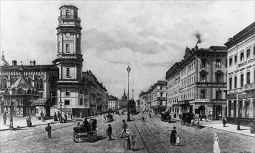 An oleograph of nevsky prospect with the state duma house on the left, st, petersburg, russia, 1880s.