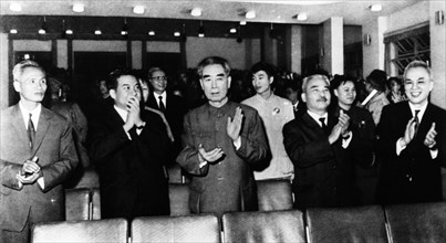 A meeting of solidarity, friendship, and struggle, left to right: phan van dong, premier of the democratic republic of vietnam (north vietnam); samdech norodom sihanouk, cambodian head of state; chine...