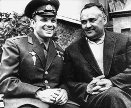 The first soviet cosmonaut yuri gagarin with sergei korolyov,  soviet scientist and designer in the sphere of rocket building and cosmonautics, ballistic and geophysical rockets, the first satellites,...