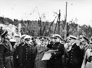 world war ll: invasion of poland, sept, 1939, hitler inspecting the westerplatte area after the battle.