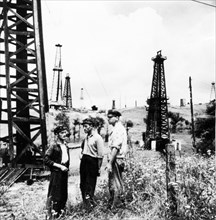 Oil derricks in the prahova valley in rumania in 1950s.