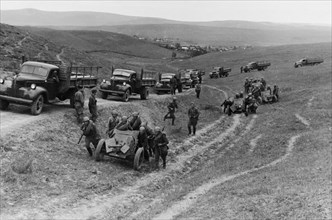 Soviet anti-tank guns taking up a firing position in the northern caucasus in september 1942, the trucks are american, sent as part of the lend-lease program.