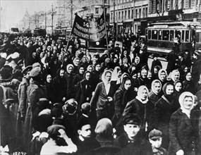 International women's day, women (mainly textile workers) demonstrate on petrograd's (st, petersburg) nevsky prospect shortly after the establishment of a provisional government, russia, february 1917...
