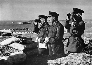 World war 2, siege of sevastopol, general petrov (2nd from left) commander of the maritime army at sevastopol, inspecting the defense lines during the siege of he city by the germans when the soviet t...