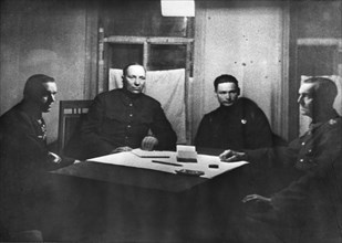 Interrogation of field marshal von paulus, commander of german forces at stalingrad, interrogators: general konstantin rokossovsky (left), general nikolai voronov (center), von paulus, right, 1943, us...