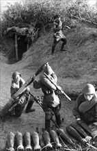 The don valley, a soviet trench mortar crew on the firing line, this crew destroyed 6 enemy trucks, 3 machine-guns, 10 supply carts, an ammunition dump, 3 trench mortar batteries, 3 guns, and annihila...