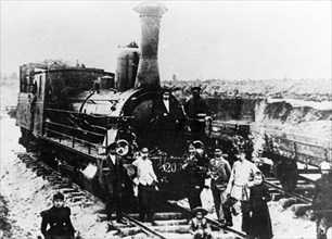 A steam locomotive on the trans-siberian railroad in the krasnoyarsk region of russia in the 1890s, the first train in krasnoyarsk.