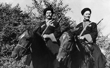 Kuban cossacks, 60 year old pavel kamnev (left) and 63 year old mikhail grachev, who volunteered for service in a cossacks' corps, in one attack, they sabered 28 german officers and men between them, ...