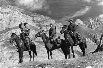 Mounted red army scouts in the mountains of the northern caucasus, november 1942, world war ll.