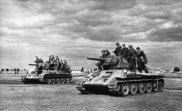 Battle of stalingrad, a soviet tank unit advancing on stalingrad.