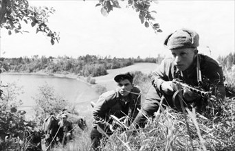 World war 2, russian partisan scouts in the leningrad region.