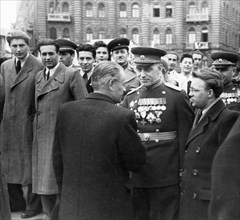Third anniversary of the liberation of hungary, zoltan tildy, president of the hungarian republic, welcoming the delegation of the soviet army headed by colonel-general kurassov, budapest, hungary, ap...