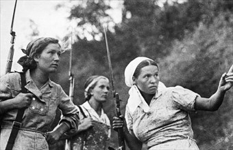 World war 2, three young women, collective farmers from village 'n' who have joined the partisans, august 1941.