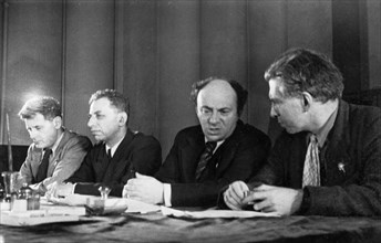 A meeting of representatives of jewish people held in moscow on august 24, 1941, (l to r) poet perets markish, novelist david bergelson, people's artist of the ussr professor solomon mikhoels, and wri...