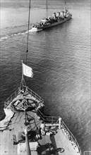 Black sea fleet, battleships setting out on an assignment during the defense of odessa, september 1941.