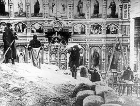 A closed church being used for grain storage in russia, 1930.