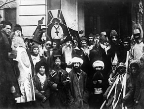 The young communist league holding an anti-religious ceremony called the komsomol christmas in moscow, 1923.