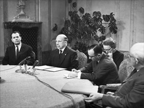 Walter ulbricht, gdr state council chairman, giving a statement on the assassination of us president john f, kennedy to united press international newsfilms (upi) on december 3, 1963, sitting (left to...