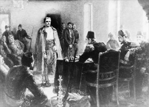 A painting by kalina tasseva depicting bulgarian revolutionary, vasil levski, in front of a tribunal of the ottoman empire, he was one of the central figures that helped pave the way for the april upr...